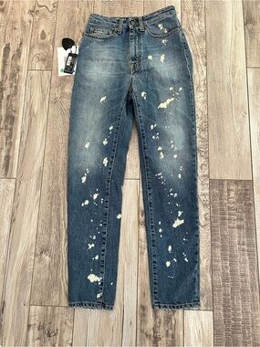 HTC Los Angeles Blue Slim Straight Jeans with White Paint-Splatter